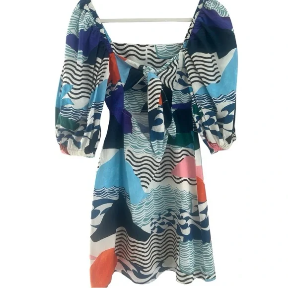 Oliphant Dress Puffed Sleeve Cutout Bow Cotton Abstract Mini Size Small - Picture 4 of 12